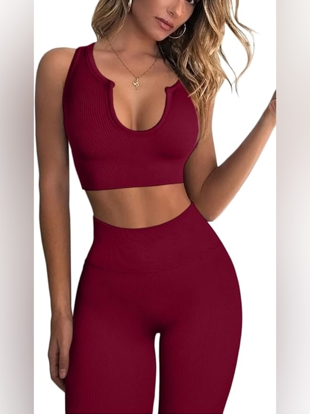 2 Piece Workout Tank Top High Waist Leggings Set, seamless in wine/red